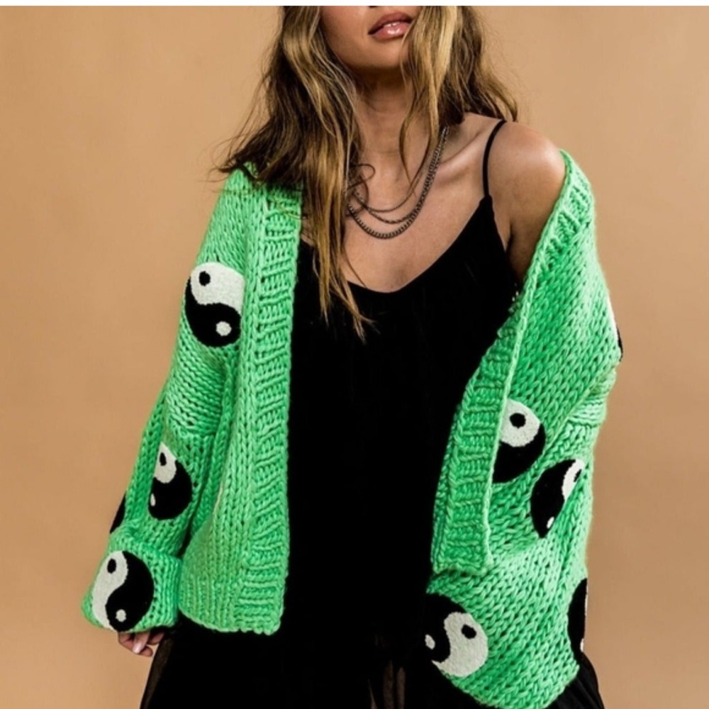 Dressed in LALA visionary cardigan in yin yang green oversized slouchy size S/M